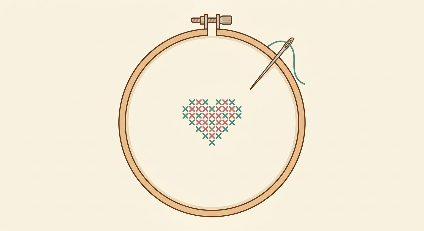 Embroidery hoop with a cross-stitched heart