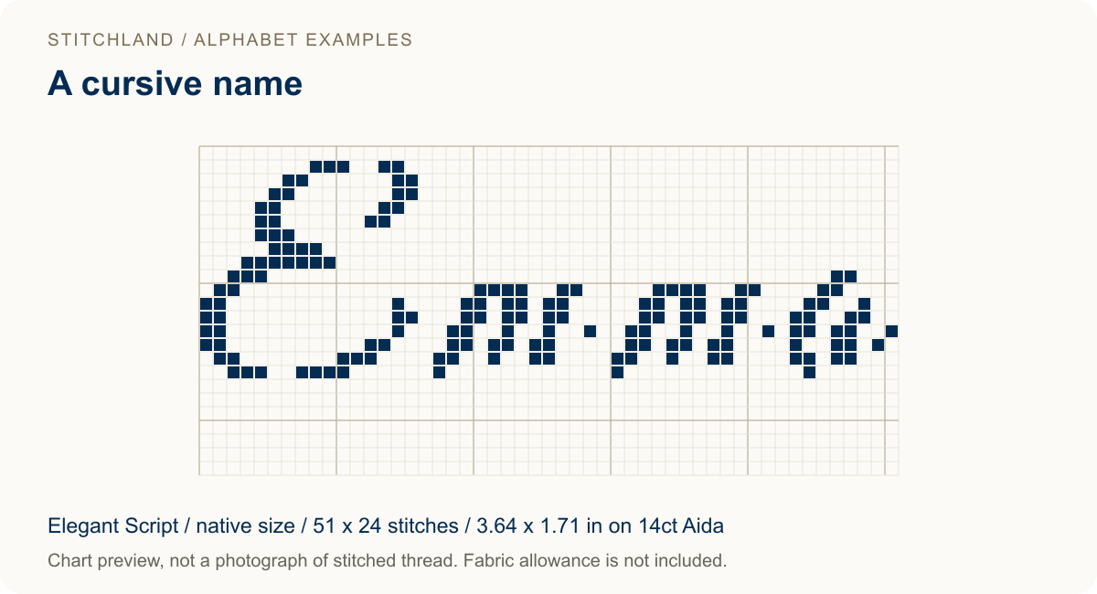 Emma charted in Elegant Script, 51 stitches wide and 24 high