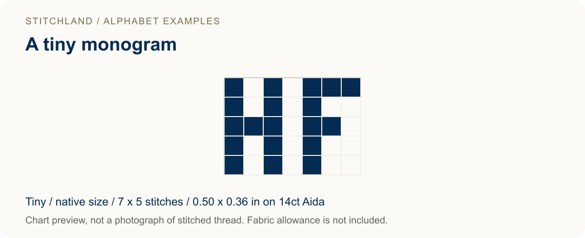HF initials charted in the Tiny font, seven stitches wide and five high