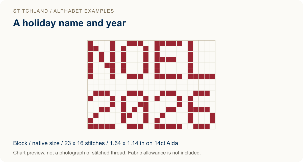 NOEL above 2026 in the Block font, a centered two-line cross stitch chart